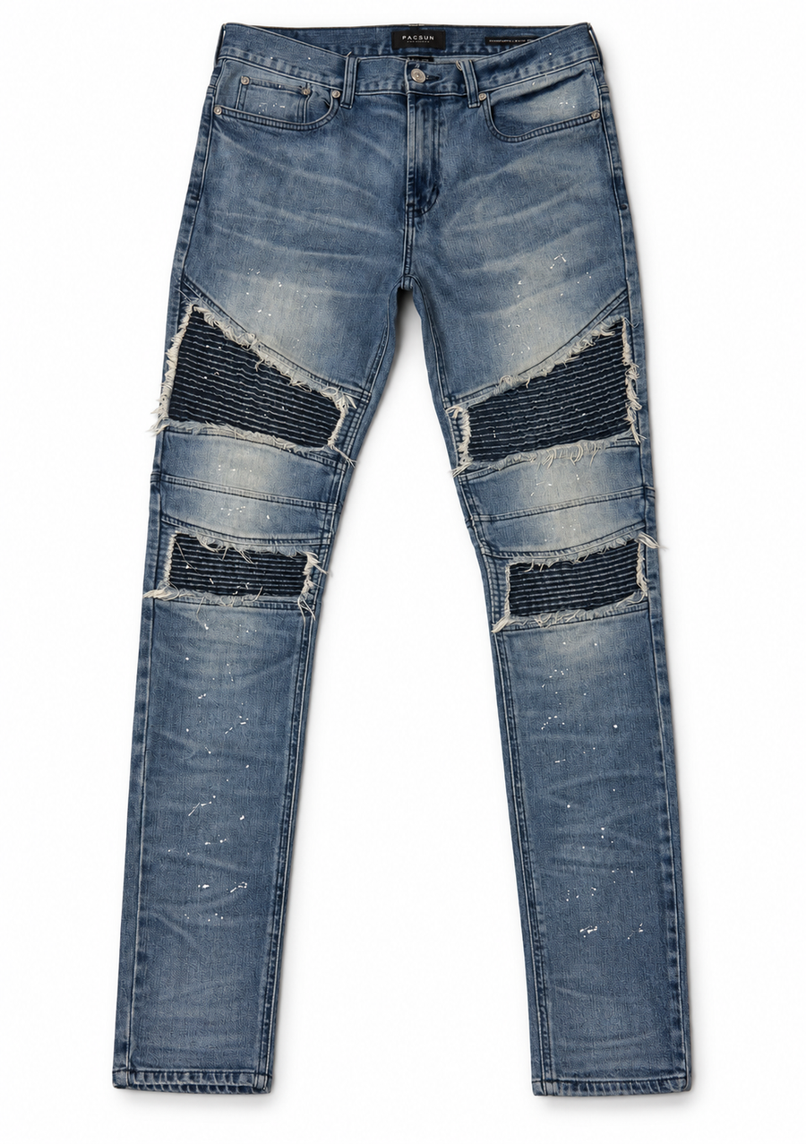 PacSun Comfort Stretch Stacked Skinny Biker Moto Jeans – Light Blue 32x32 (PRE-OWNED)