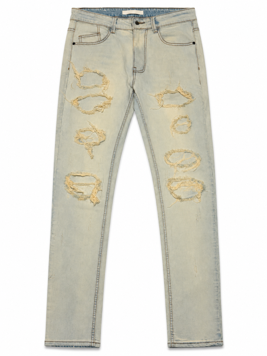 KDNK Rip and Repair Skinny Jeans – Light Bleach Wash (PRE-OWNED)