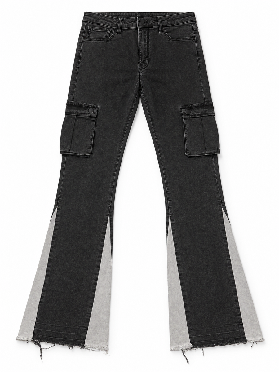 Nova Men Stack Flare Cargo Jeans – Black w/ White Side Panel – W34 (PRE-OWNED)