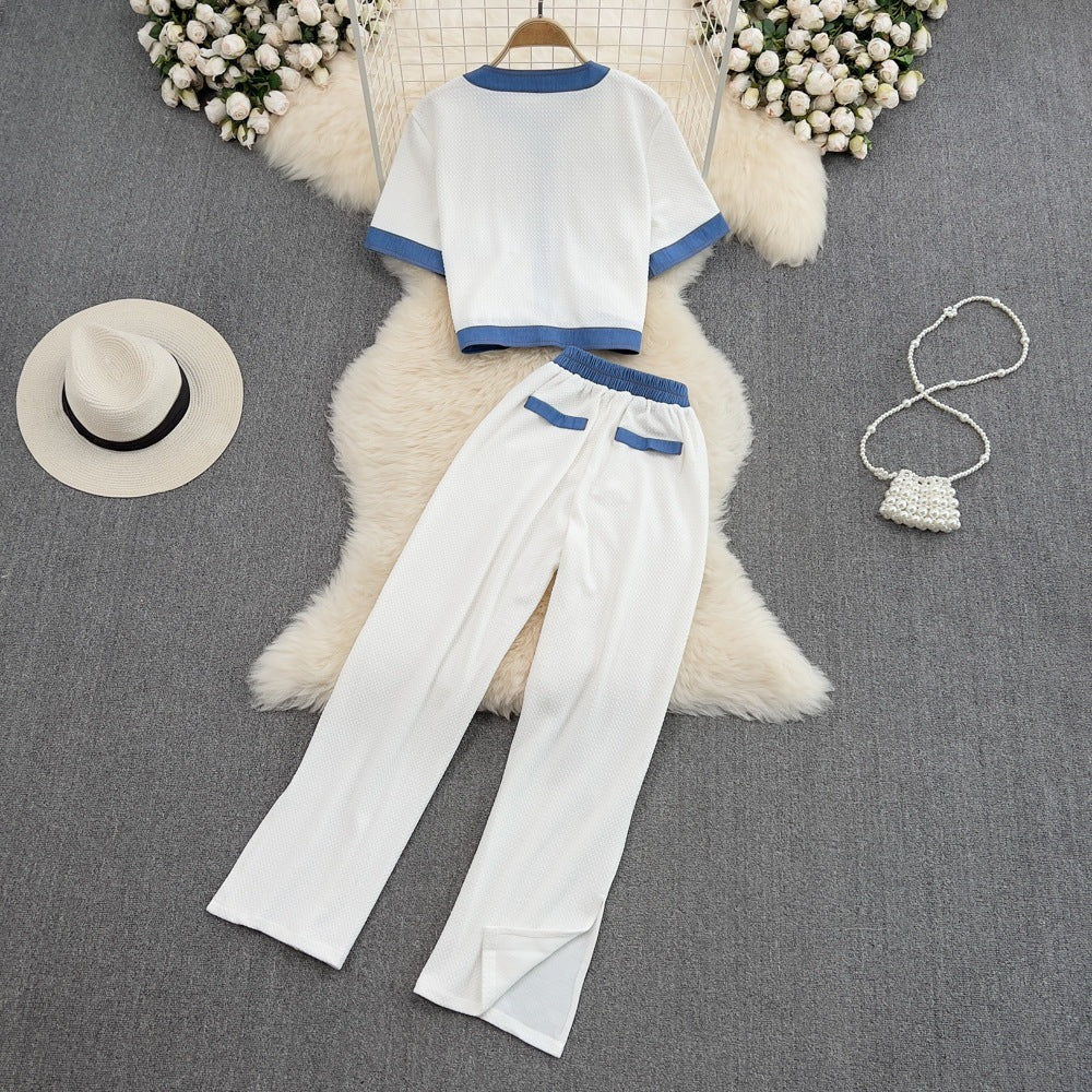 Denim Contrast Crop Top & Skirt Two-Piece Set