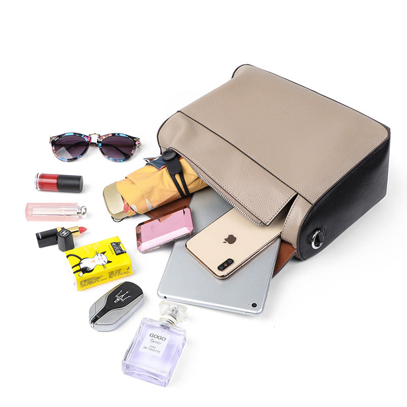 Genuine Leather Contrast Tote Bag