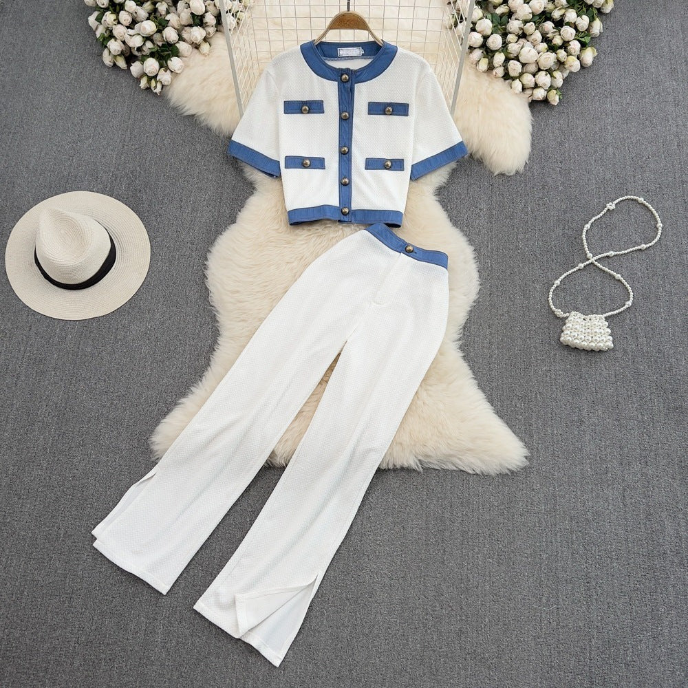 Denim Contrast Crop Top & Skirt Two-Piece Set