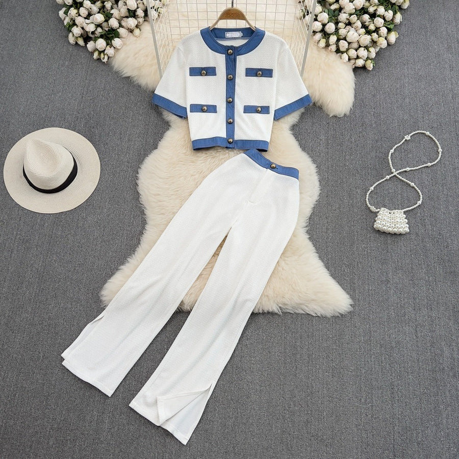 Denim Contrast Crop Top & Skirt Two-Piece Set