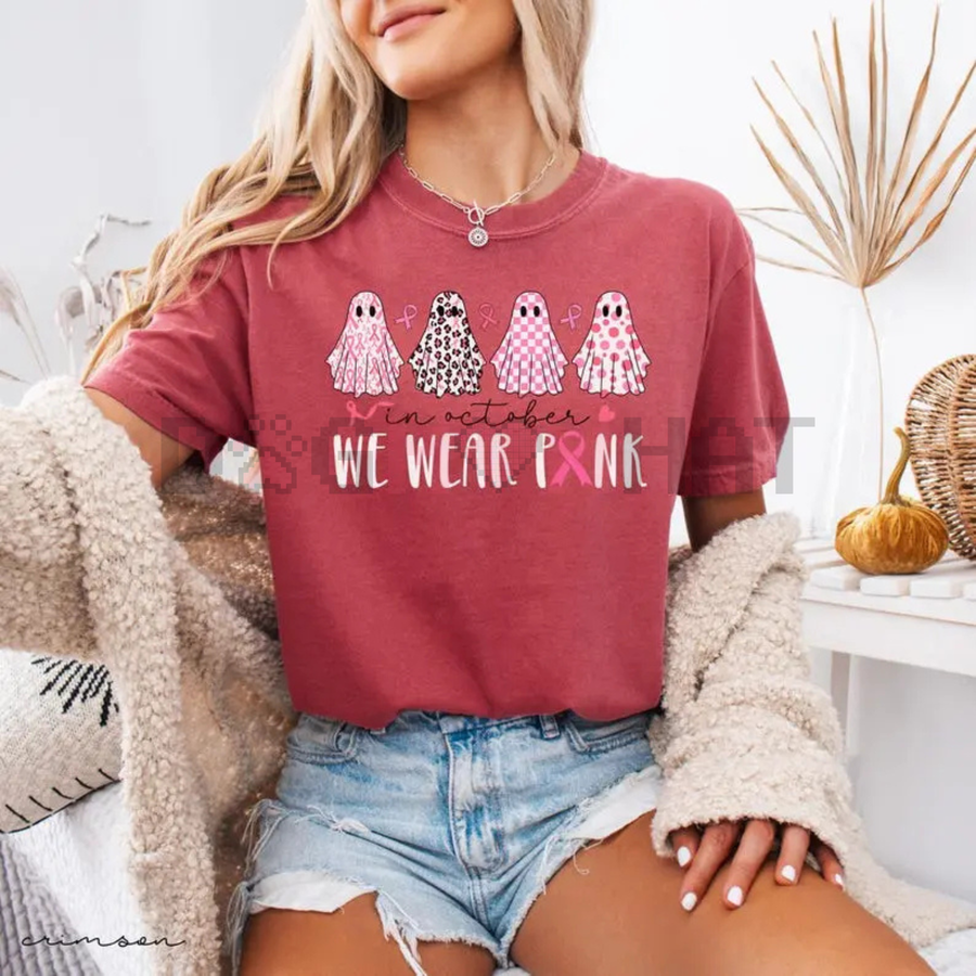 Breast Cancer T-Shirt – "In October We Wear Pink" Cute Ghost Tee