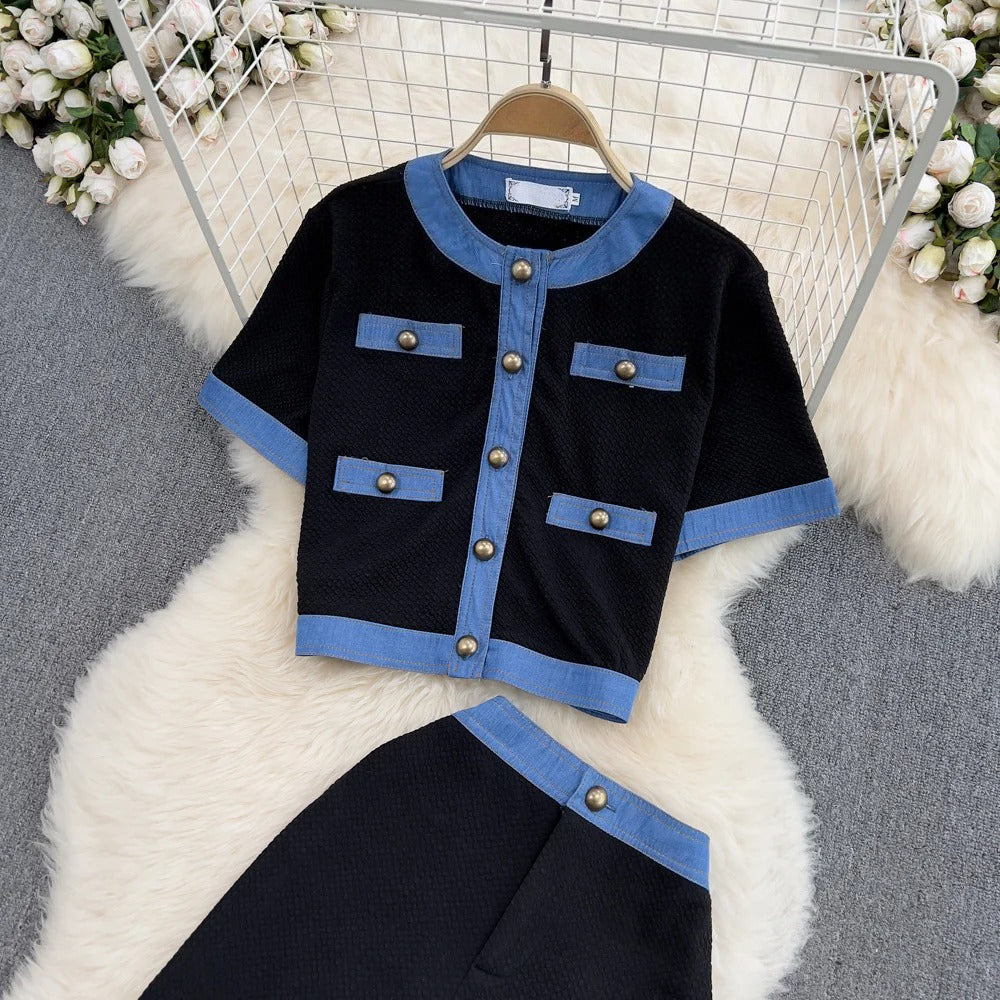 Denim Contrast Crop Top & Skirt Two-Piece Set