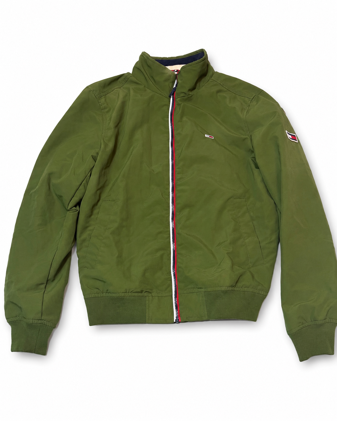 Tommy Hilfiger Zip-Up Jacket – Olive Green w/ Sleeve Flag Logo (PRE-OWNED)