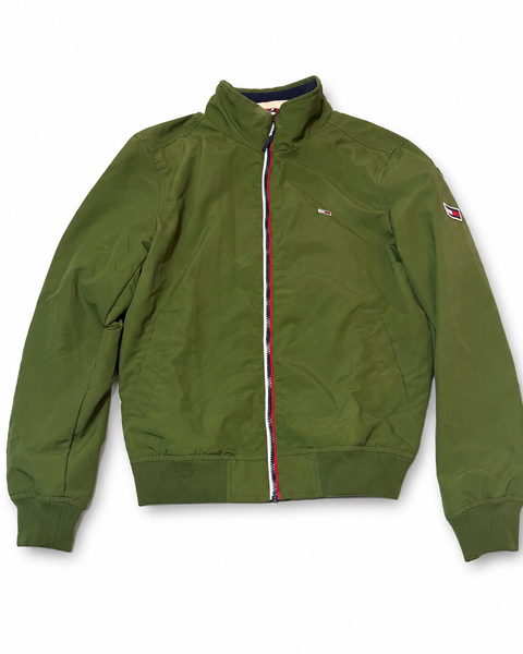 Tommy Hilfiger Zip-Up Jacket – Olive Green w/ Sleeve Flag Logo (PRE-OWNED)