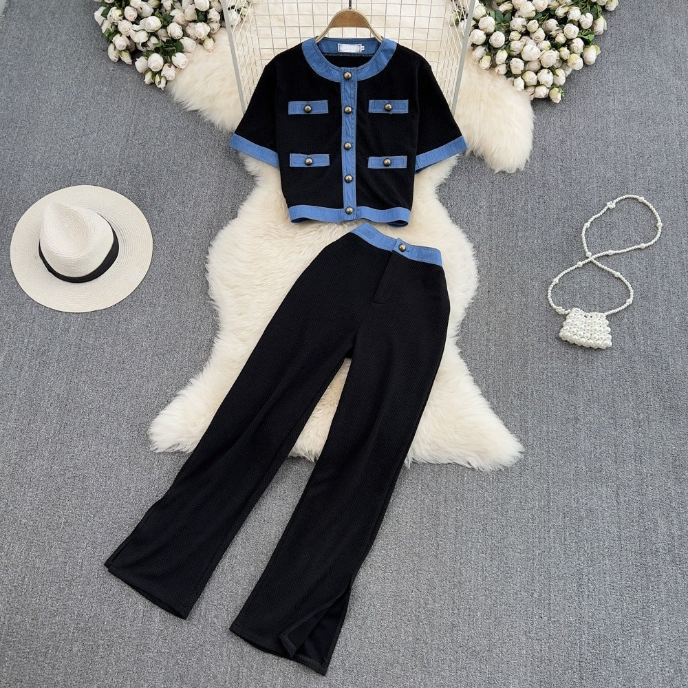 Denim Contrast Crop Top & Skirt Two-Piece Set