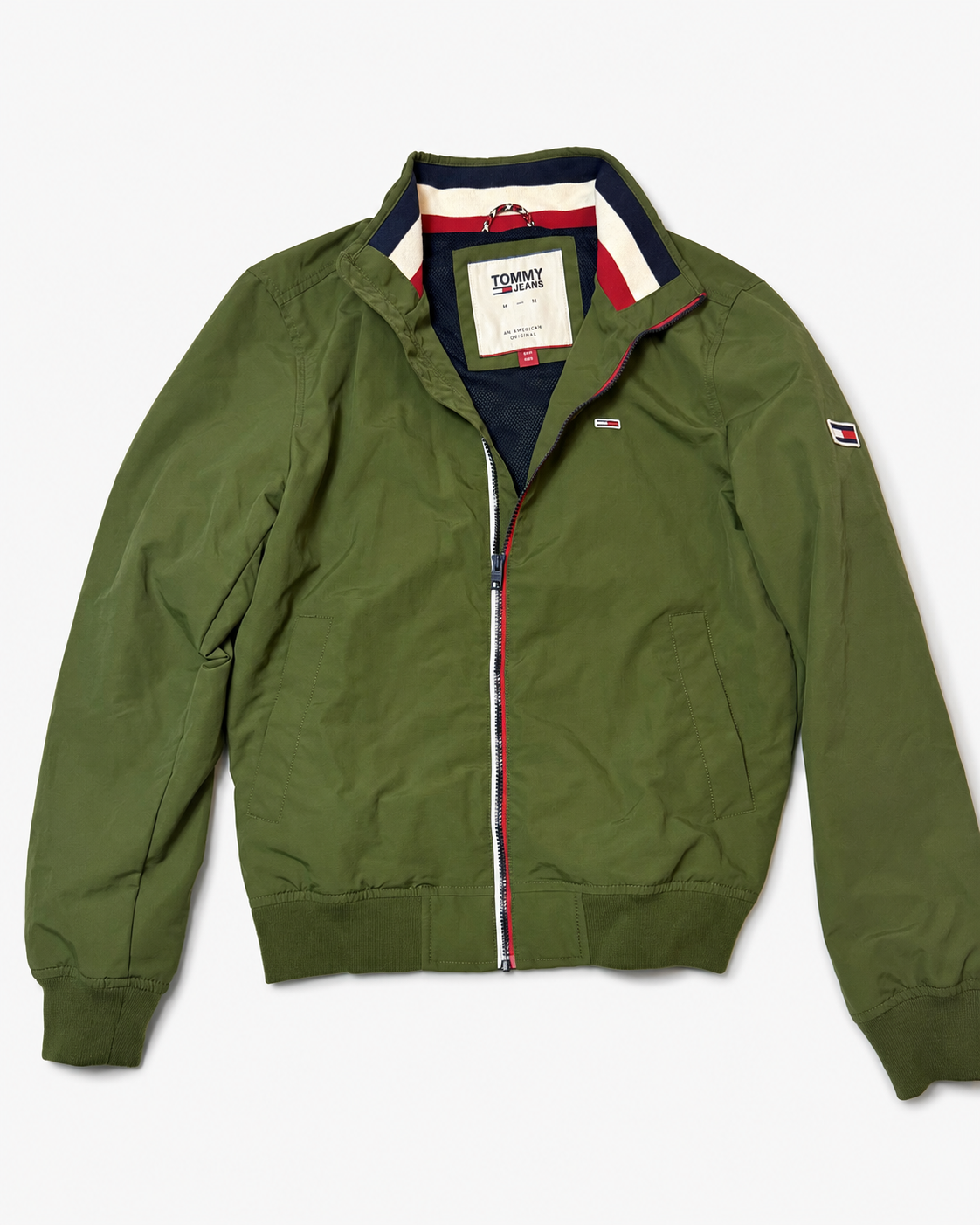 Tommy Hilfiger Zip-Up Jacket – Olive Green w/ Sleeve Flag Logo (PRE-OWNED)