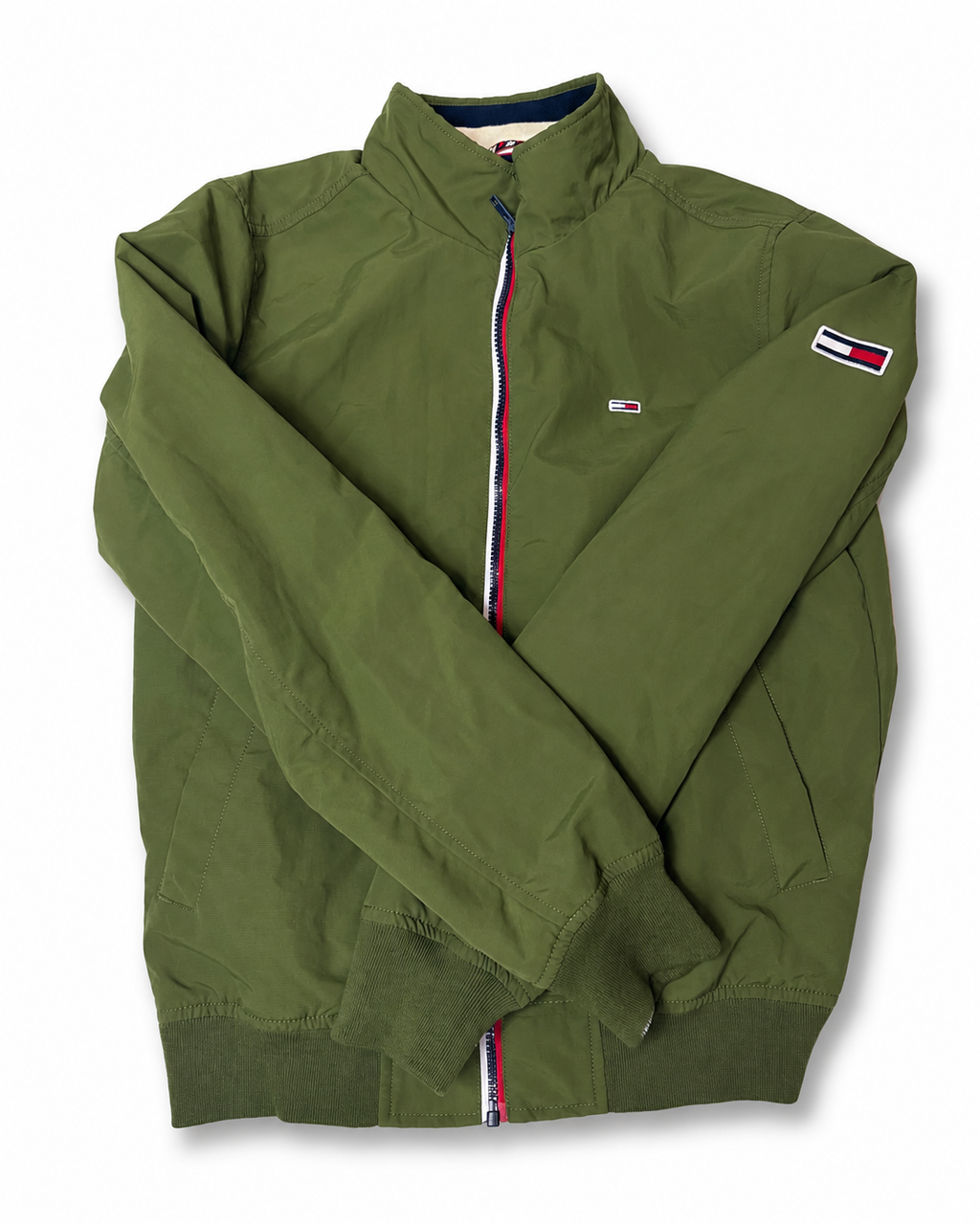 Tommy Hilfiger Zip-Up Jacket – Olive Green w/ Sleeve Flag Logo (PRE-OWNED)