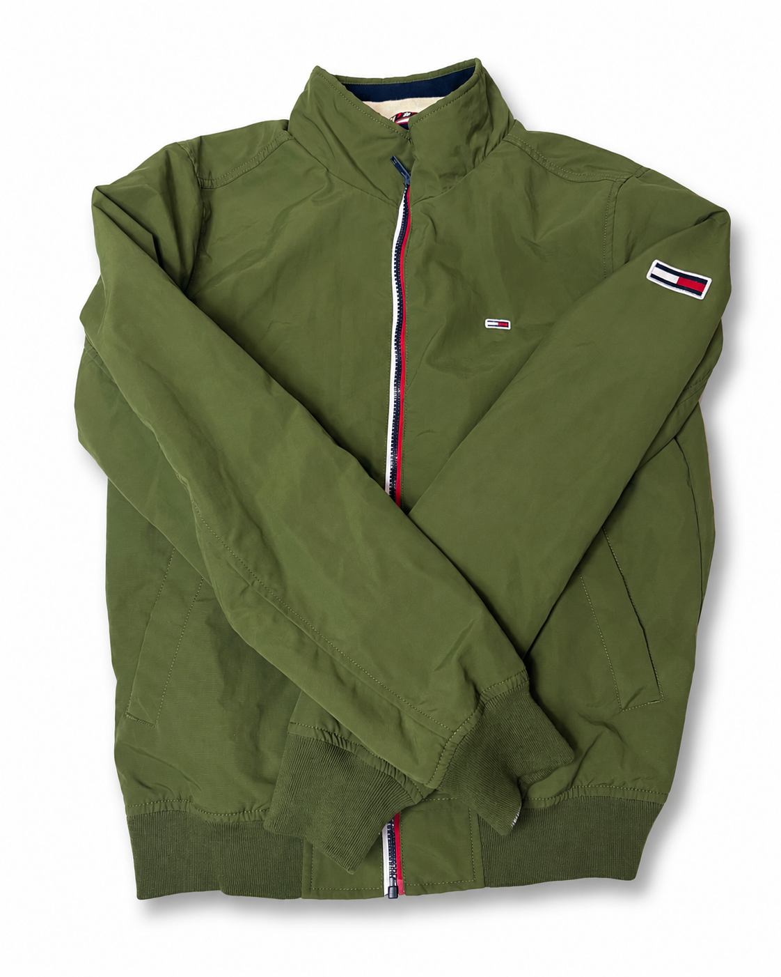 Tommy Hilfiger Zip-Up Jacket – Olive Green w/ Sleeve Flag Logo (PRE-OWNED)