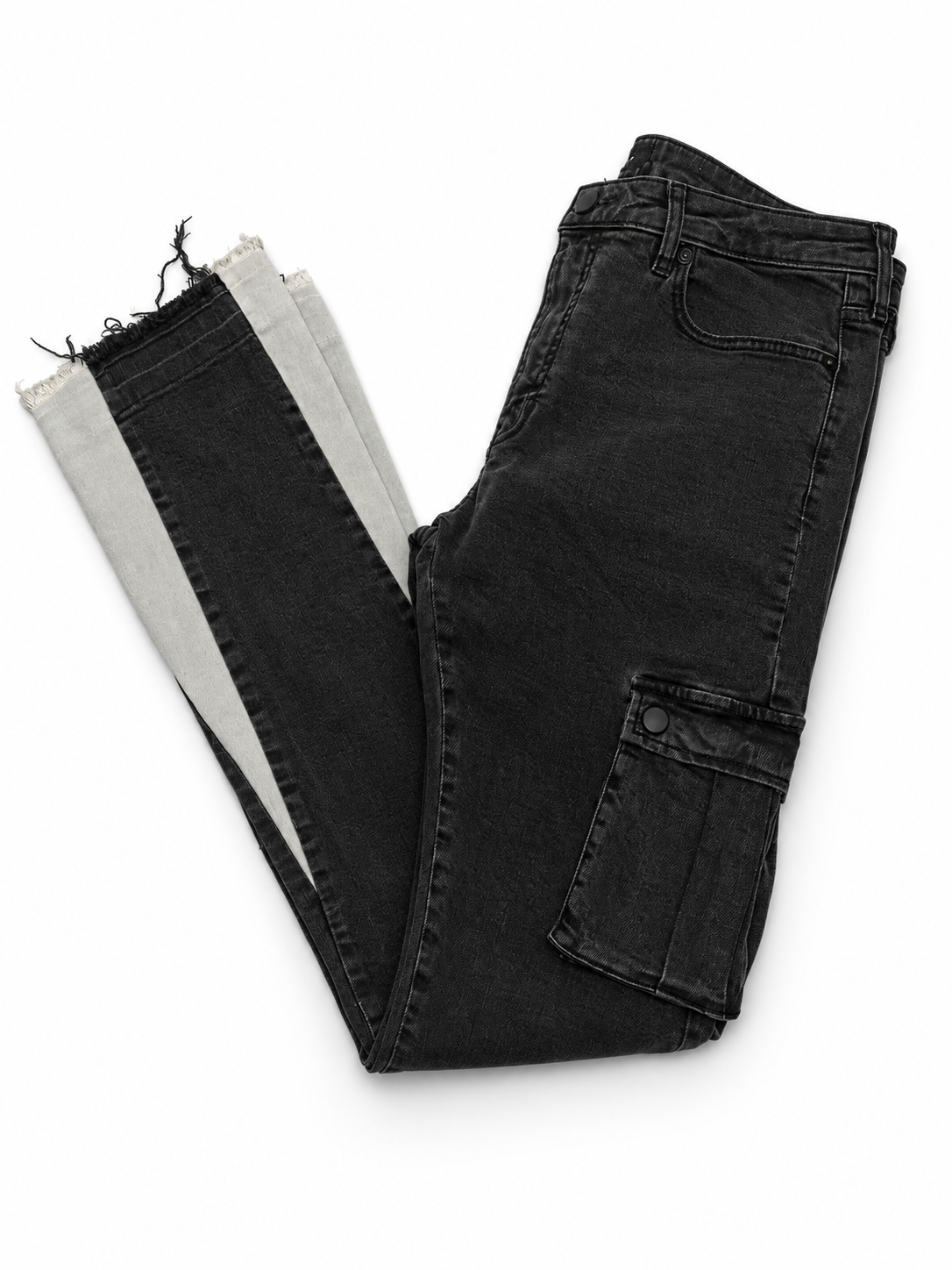 Nova Men Stack  Flare Cargo Jeans – Black w/ White Side Panel – W34 (PRE-OWNED)