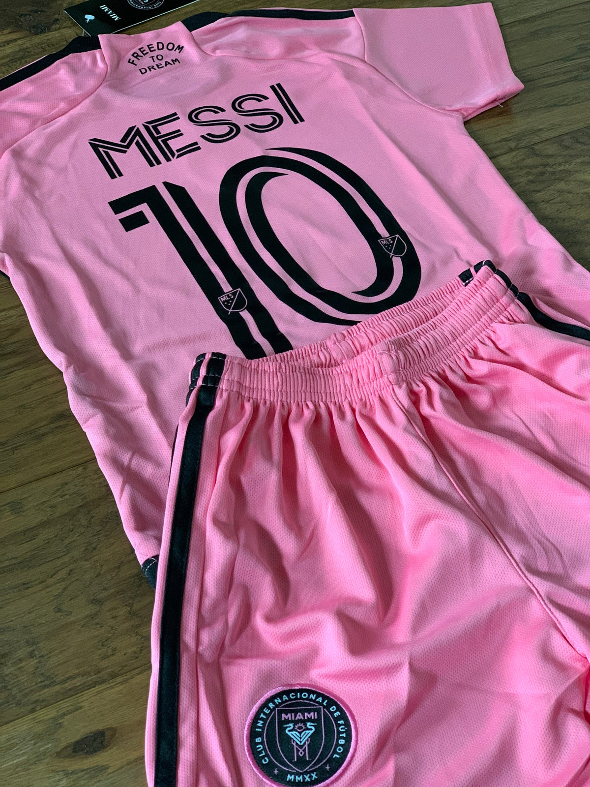 Conjunto de uniforme de fútbol de local de Lionel Messi para niños del Inter de Miami, color rosa, para jóvenes y niños pequeños