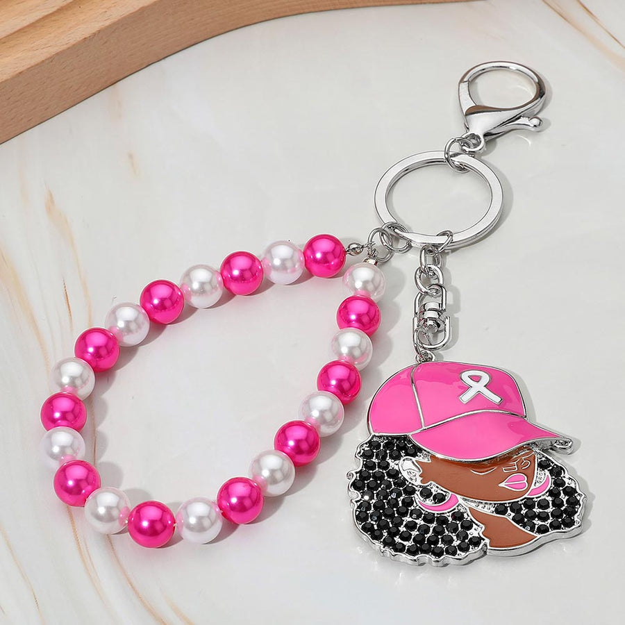 Rhinestone Afro Woman Pink Ribbon Bag Charm