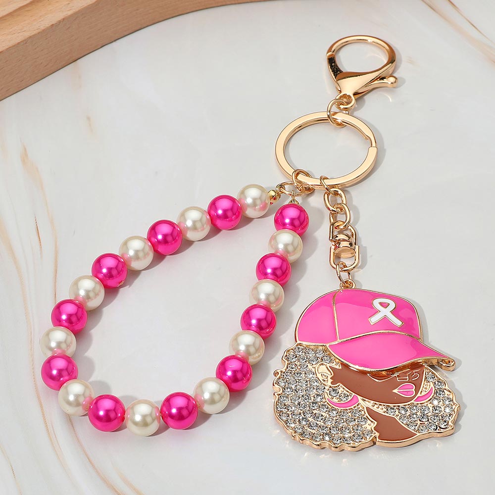 Rhinestone Afro Woman Pink Ribbon Bag Charm