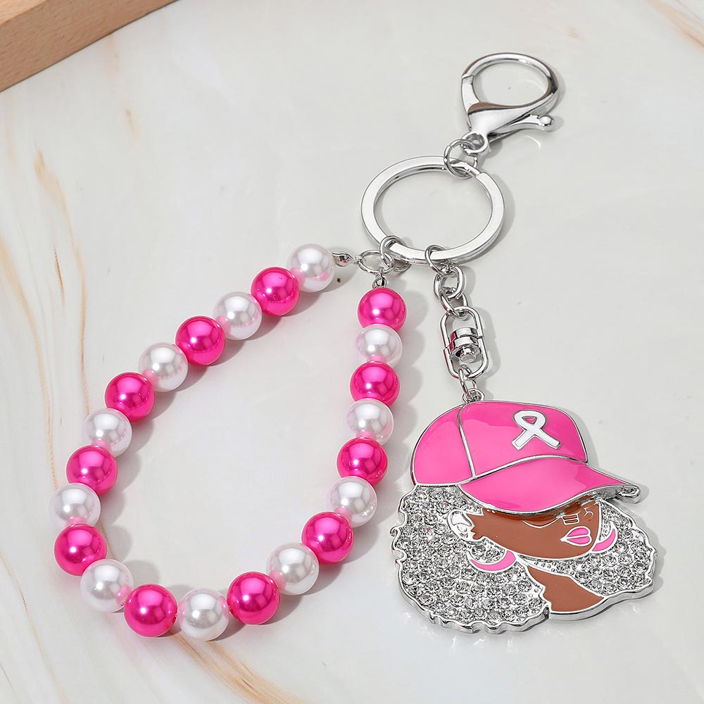 Rhinestone Afro Woman Pink Ribbon Bag Charm
