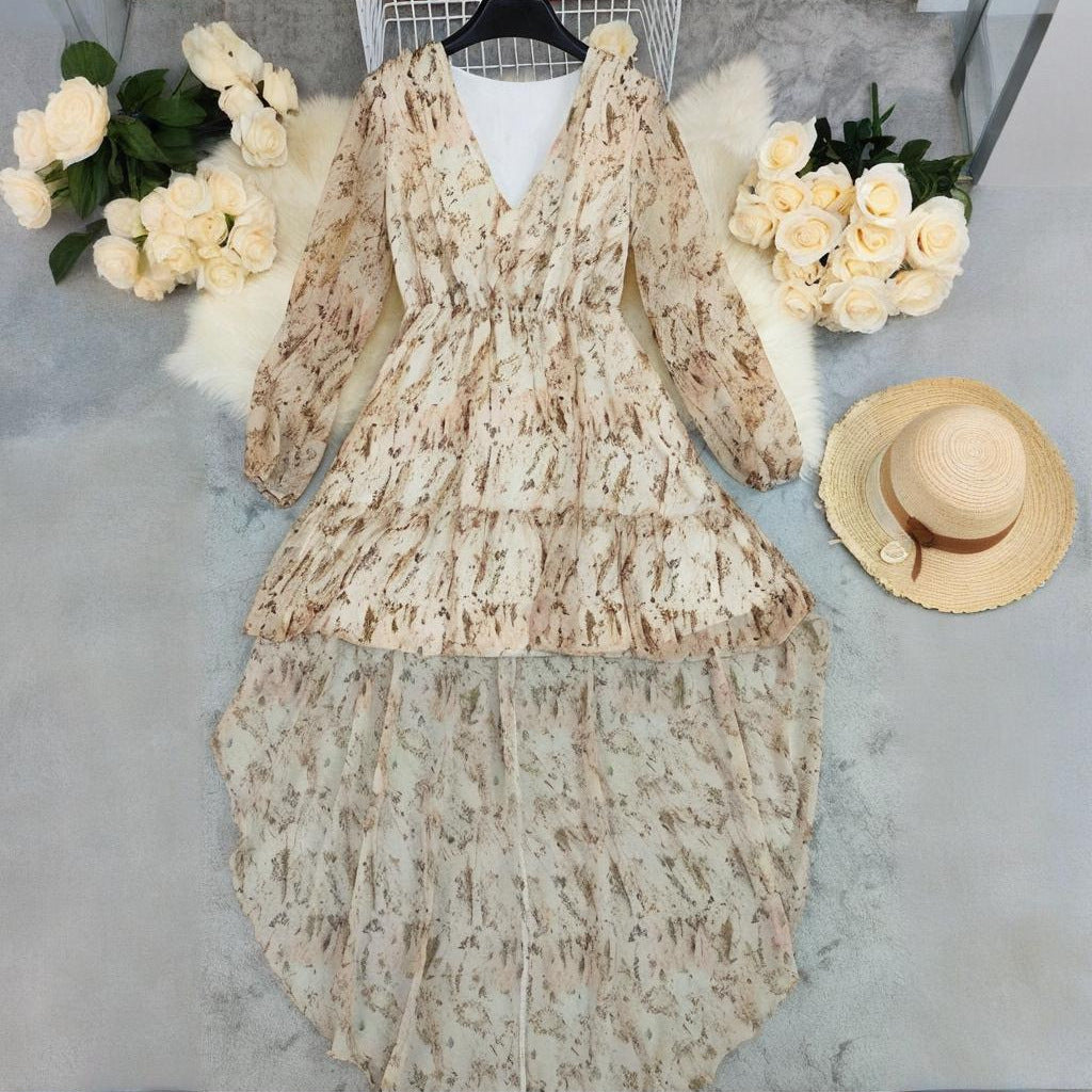 Bohemian V-Neck Asymmetrical Hem Long Sleeve Dress