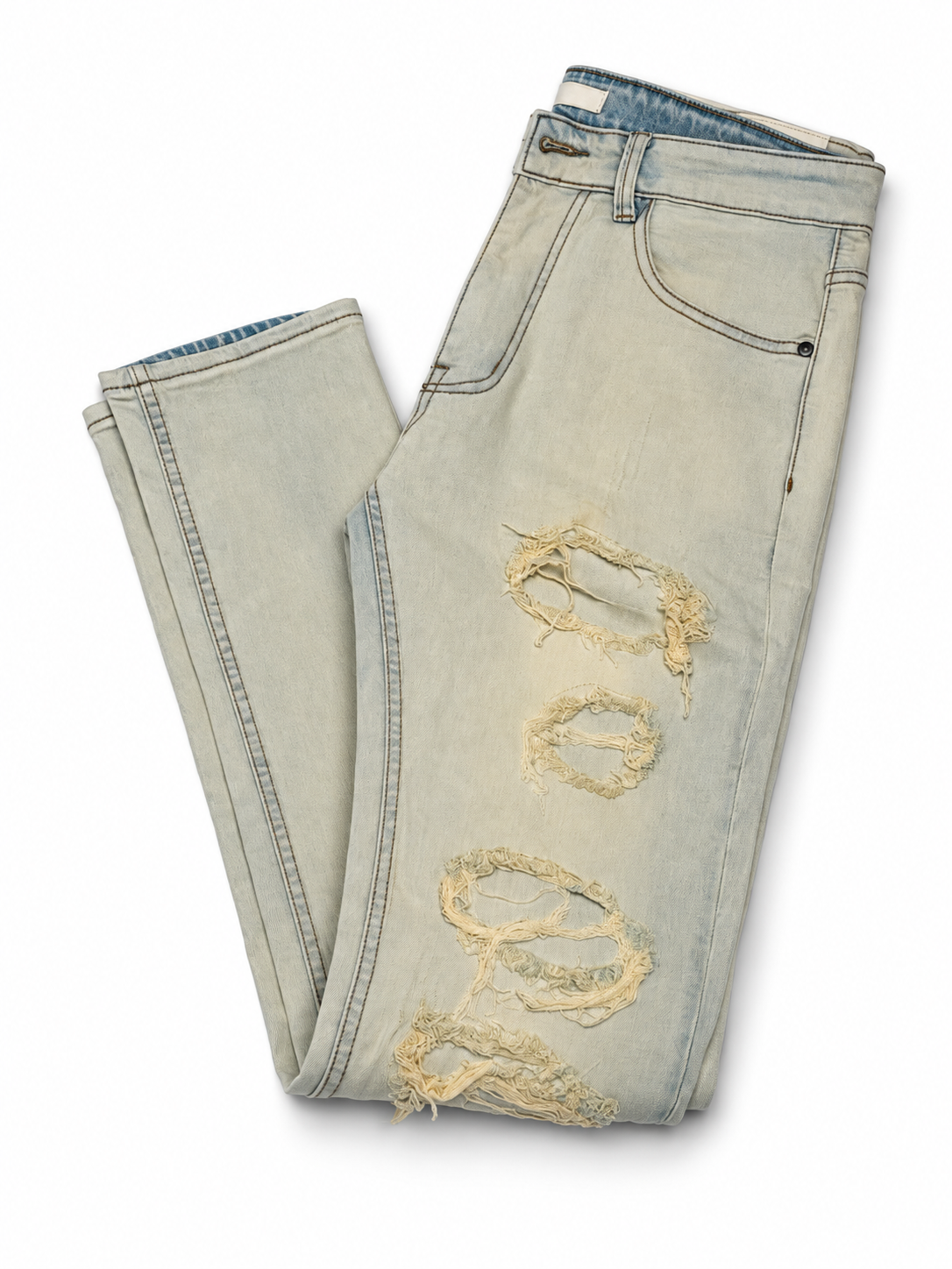 KDNK Rip and Repair Skinny Jeans – Light Bleach Wash (PRE-OWNED)