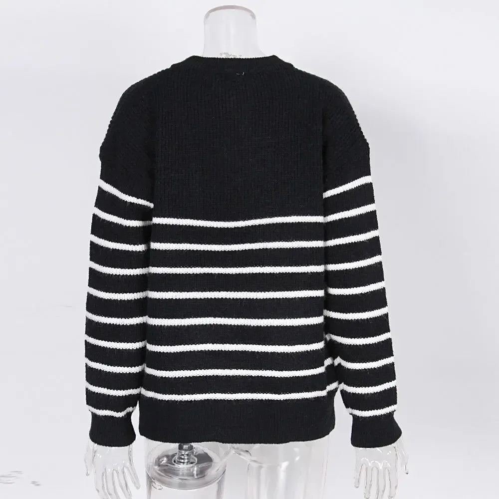 Striped Crew Neck Thick Knit Sweater