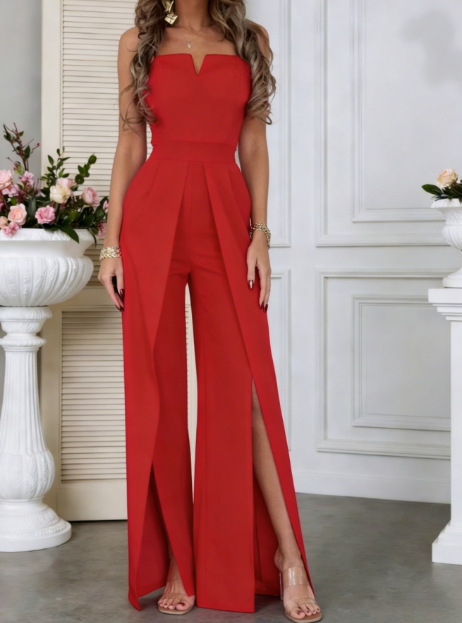 Fitted Strapless Slit Jumpsuit