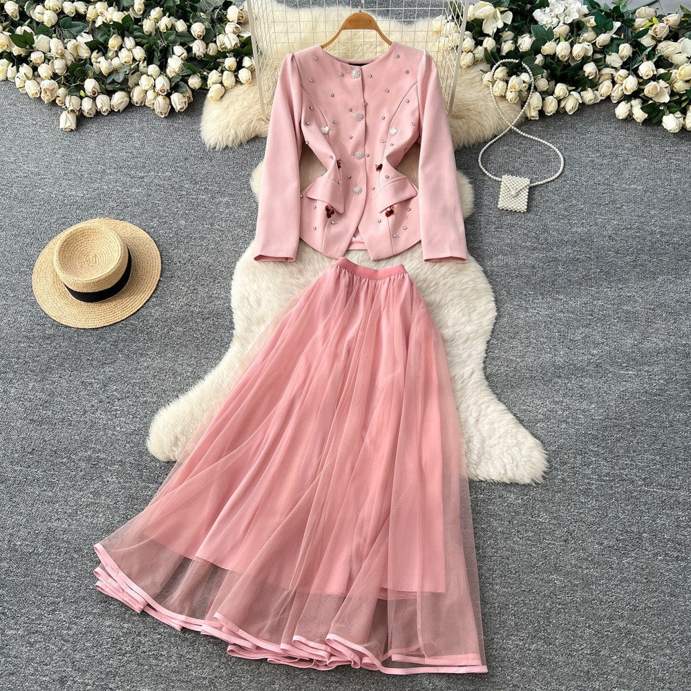 Luxe Beaded Mesh Two-Piece Skirt Set