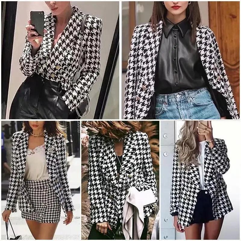Women's Houndstooth Tweed Jacket with Tassel Trim – Black