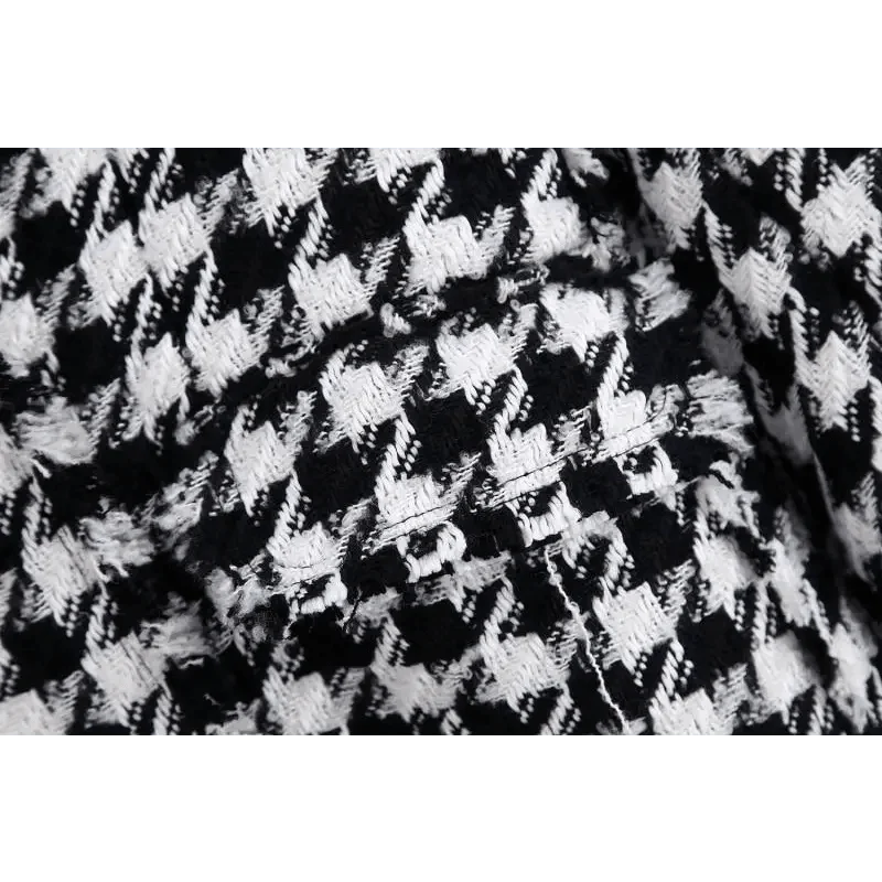 Women's Houndstooth Tweed Jacket with Tassel Trim – Black