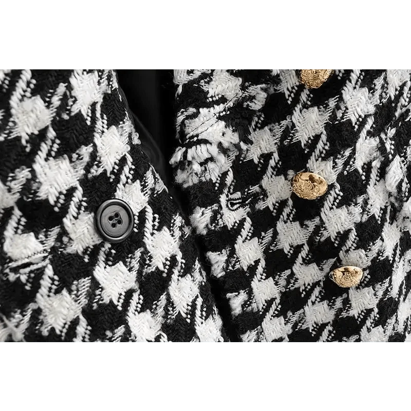 Women's Houndstooth Tweed Jacket with Tassel Trim – Black