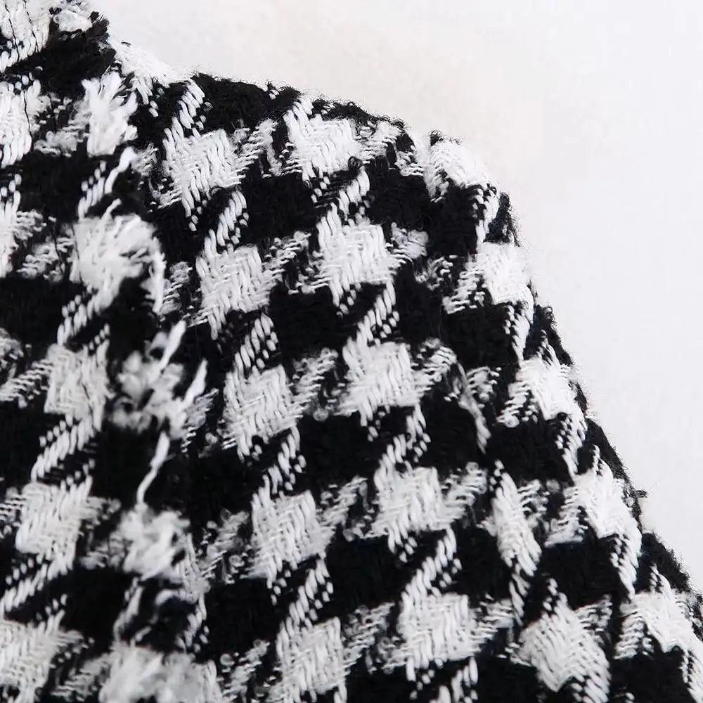 Women's Houndstooth Tweed Jacket with Tassel Trim – Black