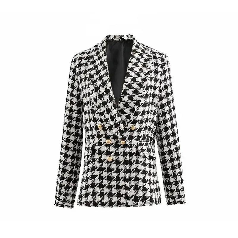 Women's Houndstooth Tweed Jacket with Tassel Trim – Black