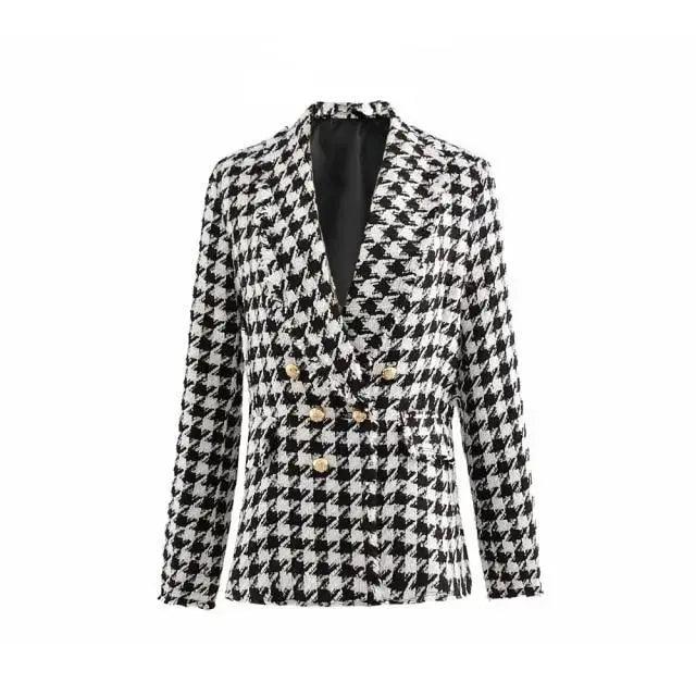 Women's Houndstooth Tweed Jacket with Tassel Trim – Black