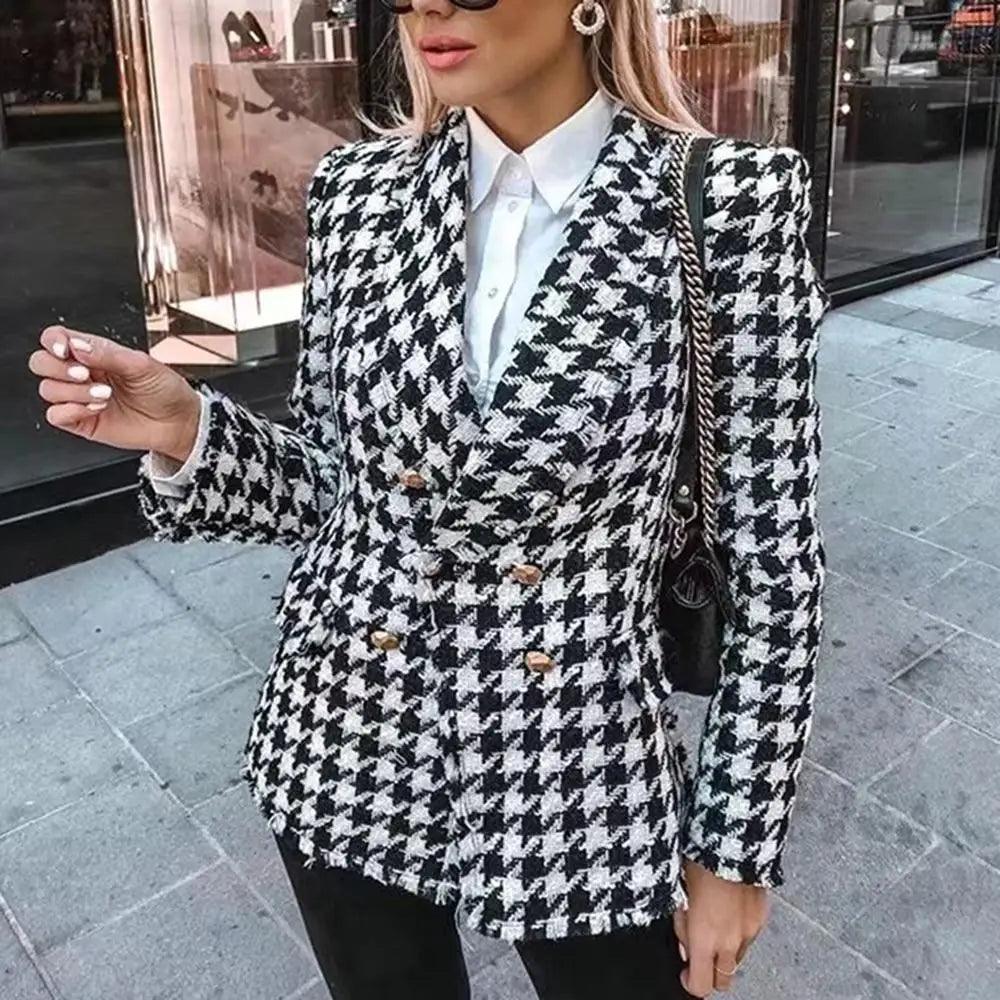 Women's Houndstooth Tweed Jacket with Tassel Trim – Black