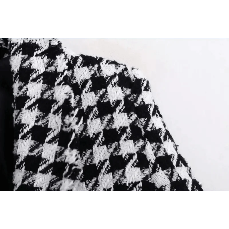 Women's Houndstooth Tweed Jacket with Tassel Trim – Black