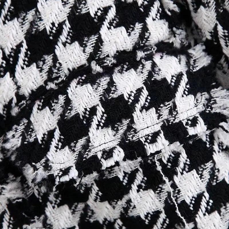 Women's Houndstooth Tweed Jacket with Tassel Trim – Black