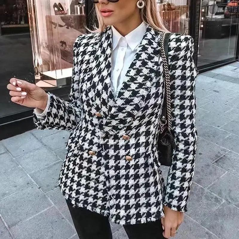 Women's Houndstooth Tweed Jacket with Tassel Trim – Black
